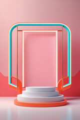 Sticker - Abstract background with an empty podium and neon geometric frames, providing a minimal presentation platform for products