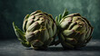 Artichoke halves on a muted green background, tender and flavorful green artichoke.