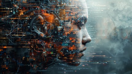 Wall Mural - A woman's face is shown in a computer-generated image with a cityscape in the background. The image is a representation of the idea of technology and its impact on human life