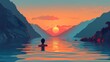 An illustration of a girl swimming in the ocean and admiring the sunset amid the mountains during a summer vacation