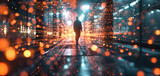 Fototapeta  - Silhouette of a person walking in a futuristic data center with glowing orange lights. Conceptual digital art representing big data, cybersecurity, and technology.