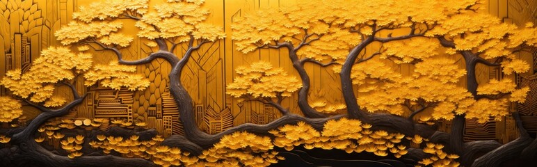 Wall Mural - A shimmering gold sheen brings magic to a forest painting, illuminating the prominence of a majestic tree trunk amidst the verdant landscape.