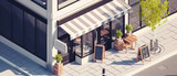 Fototapeta Sport - Isometric view of facade сoffee shop, cafe store, bar or restaurant with counter, glass windows. Showcase.Top view. Cartoon, 3d interior mockup. Generative ai