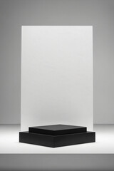 Poster - Empty black product podium display background with a minimal pedestal show stand, modern platform, abstract light shadow showroom presentation backdrop