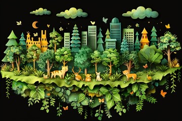 Wall Mural - Animals in forest, Creative design world environment and earth day drawing and painting concept