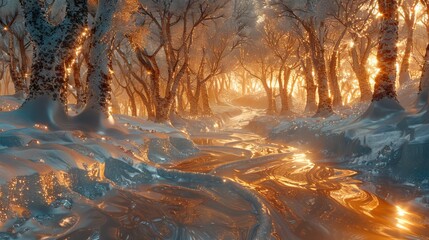 Wall Mural - Abstract landscape with magical glow. Iridescent trees and river sparkling in the sunset. Fantasy forest with glowing sky.