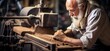 Talented craftsman fashioning vintage wood in a workshop evoking a bygone era.