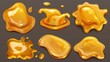 Isolated golden drops and stains of oil or honey on transparent background. Modern realistic mockup of liquid gold drips of organic cosmetics or food oils.
