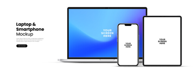 Poster - Modern laptop mockup front view and high quality smartphone and tablet mockup isolated on white background. Notebook mockup and phone device mockup for ui ux app and website presentation.Stock Vector.