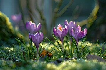 Sticker - Beautiful forest snowdrops, which are most beautiful with their shoots and green leaves, having in their background deciduous trees.