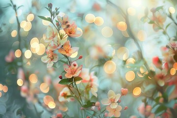 Poster - Blossom floral Bokeh Sparkling lights on a soft color background, creating a dreamy and serene atmosphere.