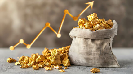 Wall Mural - Overturned sack of gold nuggets on grey table and arrow up showing gold price increase, demand and supply in gold concept