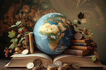 Wall Mural - Books and coins as symbols of empowerment and economic opportunity