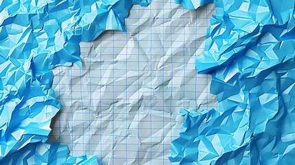 Blue checkered paper texture. Graph paper with grid, creases, wrinkles, mock-up, educational template with a crumpled texture.