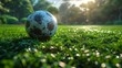 Soccer ball on the soccer field. Generative AI