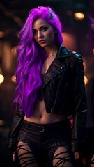 Wall Mural - A gothic, emo or punk girl with long purple hair, dark makeup, leather jacket and ripped black pants. A stylish and alternative look for a rebellious young attitude. Vertical animation AI generated