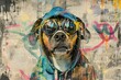 A pop art-inspired graffiti mural featuring a mischievous dog decked out in a newspaper-print hoodie and eye-catching neon sunglasses, rendered with intricate detail using magazine cutouts.