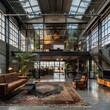 Modern industrial loft office with mezzanine, large windows, and lounge area with plants.