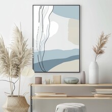 Modern Living Room Interior With Sofa And Abstract Wall Art. Cozy Home Decor With Neutral Tones.