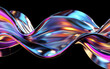 Metallic 3D of abstract silk flowing futuristic holographic iridescent flow on black background.