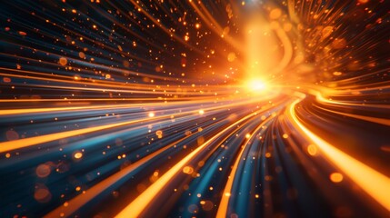Poster - Abstract fast moving stripe lines with glowing sun light flare. High speed motion blur. Concept of leading businesses, Hi-tech products and wormhole science at warp speed.