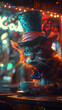 Cheshire Cat with Vibrant Top Hat Enjoying Tea in a Mystical Neon-Lit Cafe
