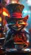 Cheshire Cat Wearing a Vibrant Top Hat with a Mischievous Grin in a Dreamy Cafe