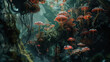 Magical Scene of Illuminated Red Mushrooms in Dark Mystical Forest
