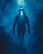 Diver in High-Tech Suit Exploring the Serene Depths of an Ocean Chasm