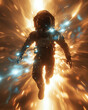 Astronaut propelled through a cosmic tunnel of light, evoking speed and discovery in space