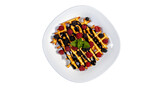Fototapeta Do pokoju - Viennese or Belgium Waffles with Berries and Chocolate Topping on a white Plate. Sweet Dessert, Delicious Food. PNG Design Element. 