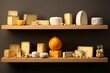 Many different types of cheese laid out on a shelf