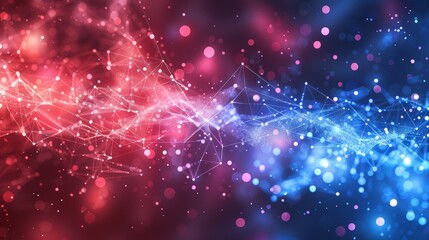 Fototapete - Technology background with abstract red & blue molecules. Connected polygonal shapes, connecting dots, and lines. Big data visualization.