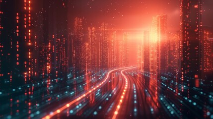 Fototapete - Rendering of an abstract highway path in a city, going through four digital binary towers. Concept for big data, machine learning, artificial intelligence, hyper loops, virtual reality, high-speed