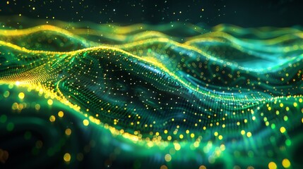 Poster - Wave with moving dots. Flow of particles. Cyber technology illustration in 3D.