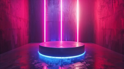Fototapete - Shiny silver cylinder pedestal podium with vertical glowing neon lighting. Modern rendering 3D shape, Product display presentation. Futuristic minimal wall scene.