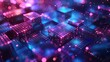 Blockchain technology background with 3D blue purple pixel glitch color. Concept of blockchain technology in 3D rendering.