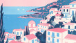 A Travel poster for a Greek village overlooking the sea . Vintage. Screen print. Pink and blue --ar 16:9 --style raw --stylize 0 Job ID: bcdbfa42-a656-4717-9972-dfa069cbcac0