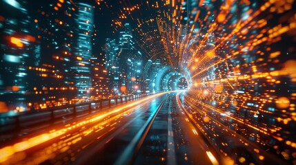 Leinwandbilder - Rendering of warp speed in hyper loop with blurred light from city lights at night. Concept of next generation technology, fin tech, big data, 5G fast networks, artificial intelligence ...