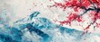 A retro Japanese background design with red and blue watercolor textures. Fuji mountain, cherry blossom flowers, bonsai and Chinese clouds. Art symbol icon.