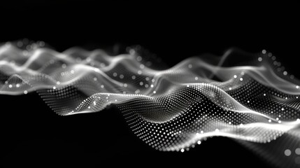 Poster - 3D visualization of big data, with musical stream of sounds, dots and lines interwoven in an abstract background.