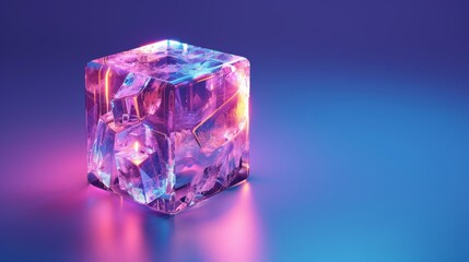 Poster - The abstract cube has holographic purple texture and is isolated on blue background with a 3D modern illustration.