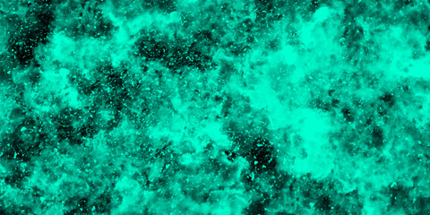 Poster - Abstract dynamic particles with soft blue clouds on dark background. Space hand painted watercolor background with aquarelle light mint color splash. Watercolor fantastic and grungy background.	
