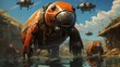 A cybernetic walrus commanding a fleet of drones