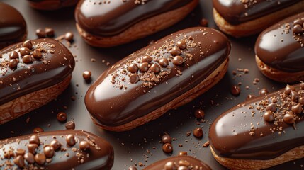 Wall Mural - Chocolate eclairs arranged neatly on a dark surface surrounded by chocolate sprinkles and coffee beans in a bakery setting