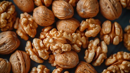 Wall Mural - Walnuts, with their hard shells and kernels on a clean surface.