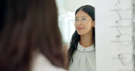 Poster - Store, woman and mirror with glasses for choice, business and fitting, shopping and serious. Eyewear, shop and female people, vision and product, frame and healthcare, customer and look in reflection