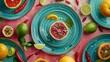   A blue plate holds a halved pomegranate and sliced oranges and limes