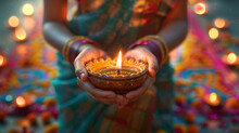 Diwali, Sari, Woman In Traditional Indian Attire Holding A Decorative Oil Lamp