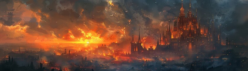 Wall Mural - The painting depicted a cityscape in the shadow of towering, ominous black castles set against a dramatic evening sky.